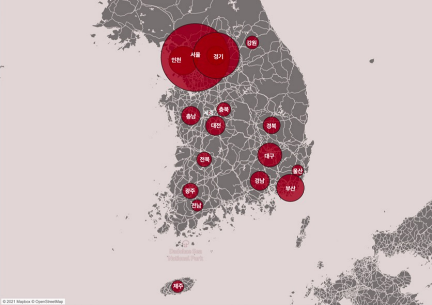 2014~2020년에 발생한 이동촬영범죄수를 지역별로 집계한 지도 이미지