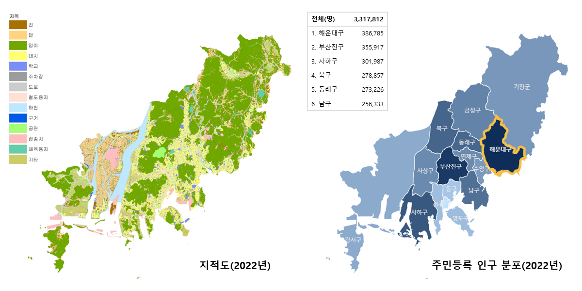 부산지역 지적도(2022년), 주민등록인구분포(2022년)지도 하단 상세 내용 참조