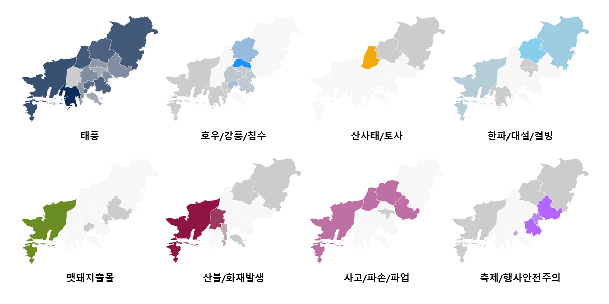 2022년 부산광역시 구단위 재난문자 지역별건수(코로나제외) 원인별 색표현 이미지